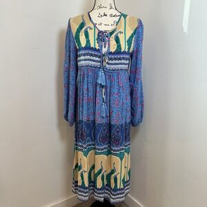 R Vivimos Boho Peacock Maxi Dress Long Sleeve Tie Neck Tiered Flowy Size S
